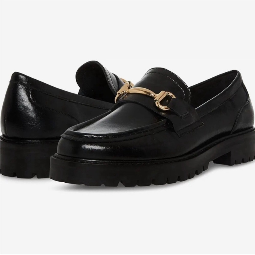 Steve Madden Black Leather Bit Loafers with Gold Hardware